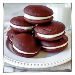 Stack of fluffy, egg-free chocolate whoopie pies with marshmallow filling on a white plate