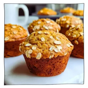 Soft egg-free carrot banana muffin with golden oat topping on white background