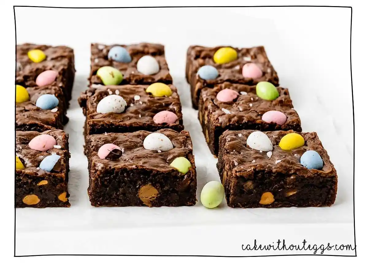 Eggless Cadbury Mini Egg Brownies on White Background