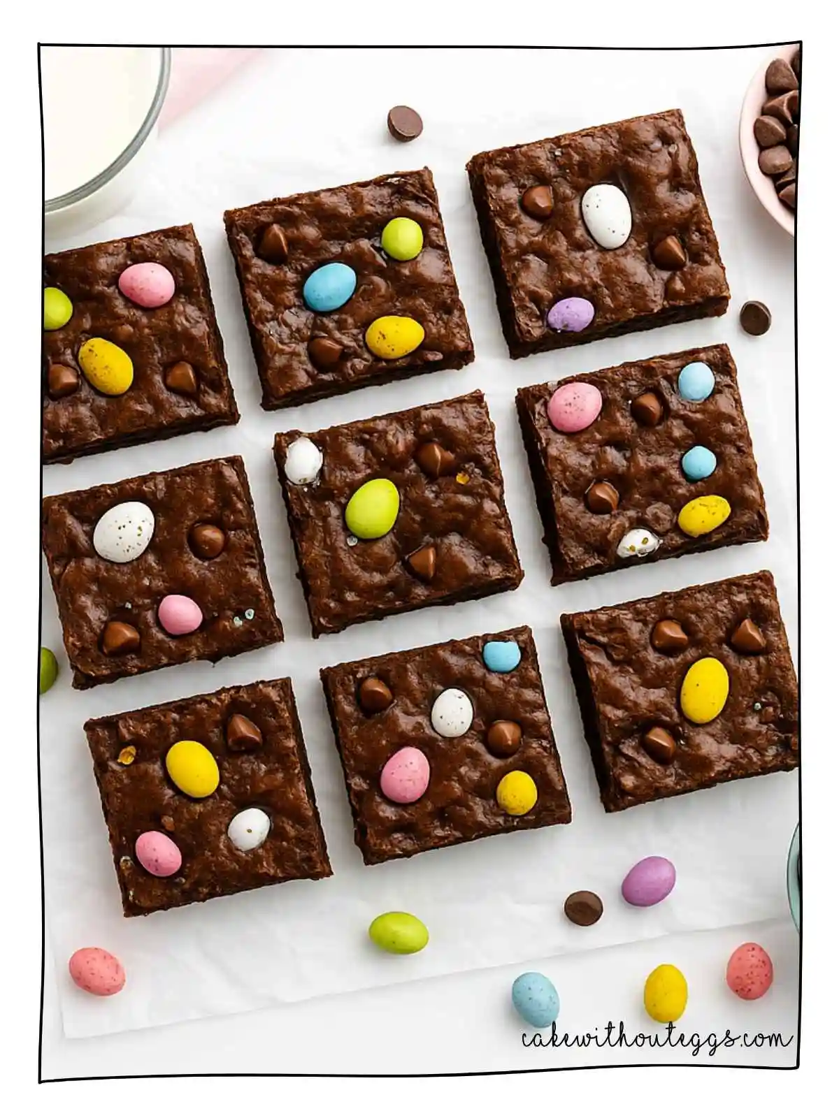Eggless Cadbury Mini Egg Brownies Flatlay for Easter
