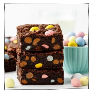 Eggless Cadbury Mini Egg Brownies stacked on a white surface with colorful candy pieces and milk in background