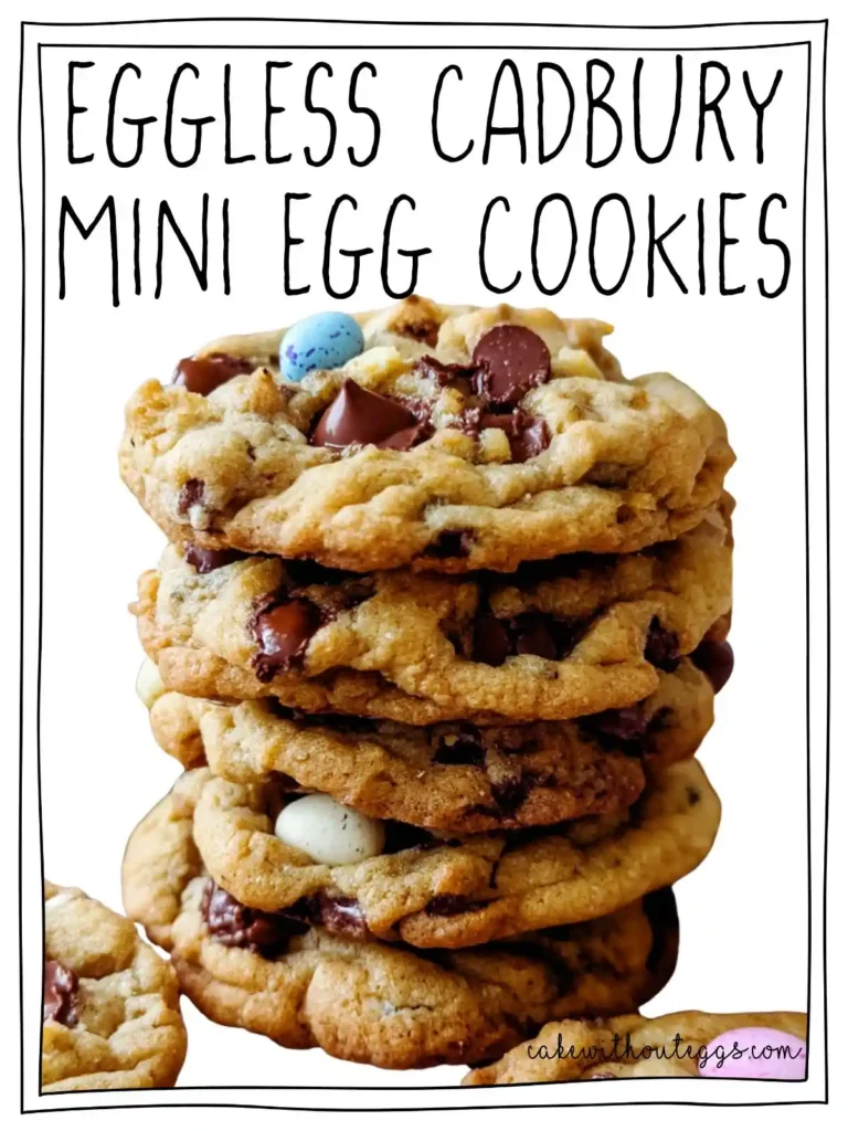 Stack of eggless Cadbury Mini Egg cookies with pastel candy shells and chocolate chips