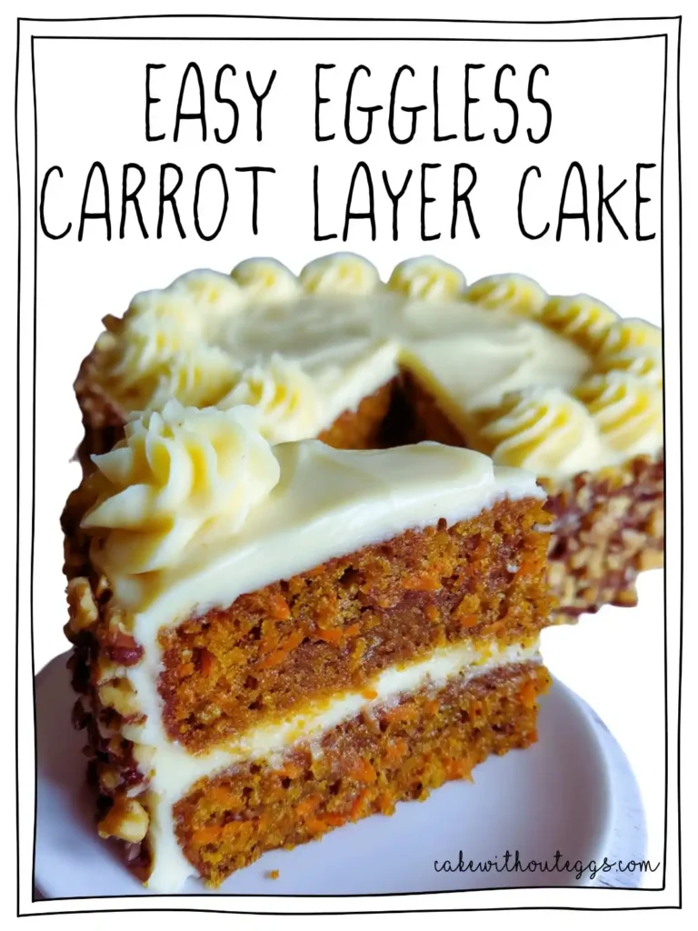Moist eggless carrot layer cake with cream cheese frosting, slice being lifted out to reveal texture