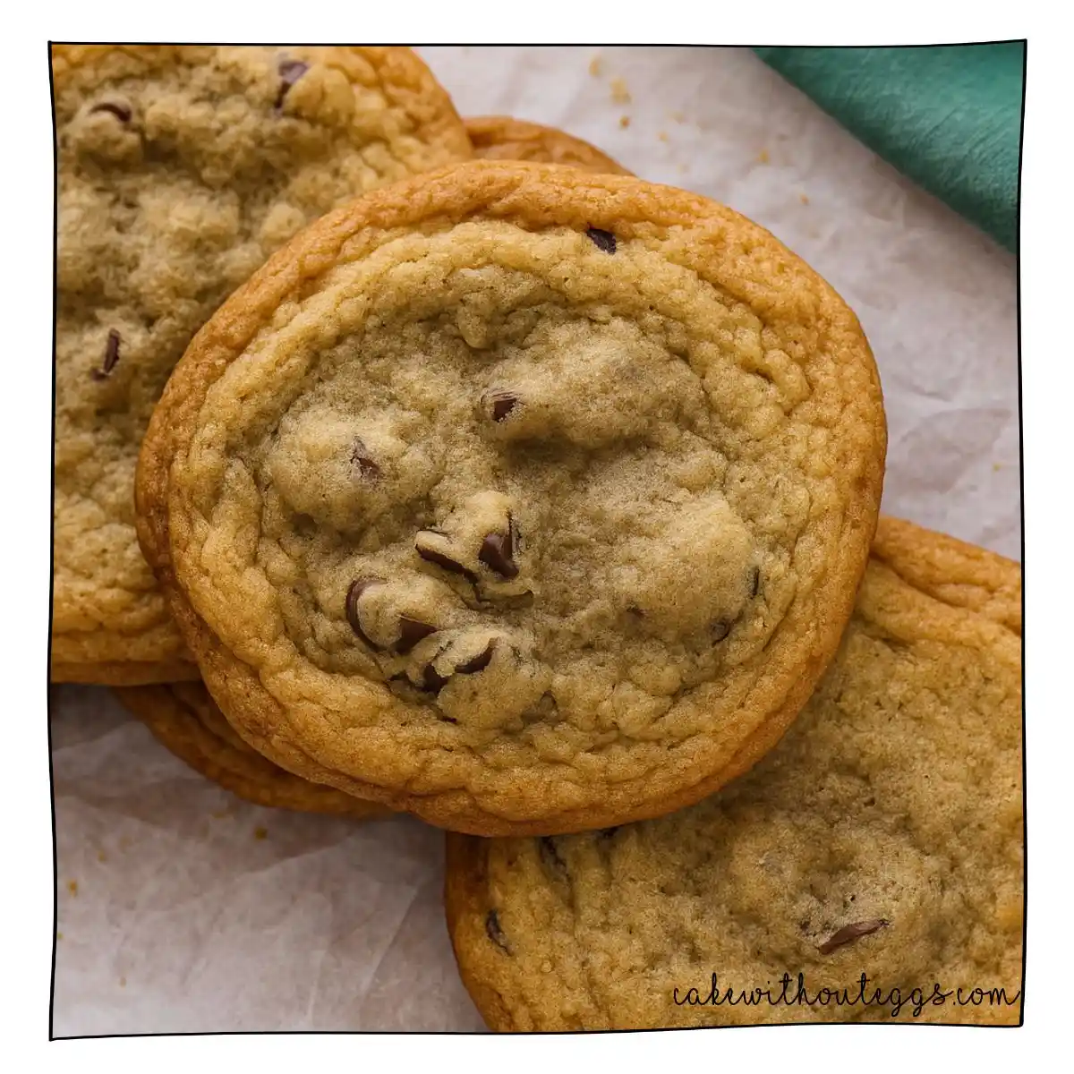 Eggless Chocolate Chunk Cookies with Crisp Edges and Branded Teal Napkin