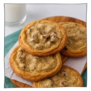 Eggless chocolate chunk cookies on parchment with a glass of milk and teal napkin