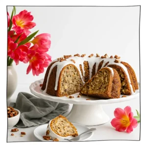 Eggless Hummingbird Bundt Cake topped with white glaze and pecans, sliced and served on a white cake stand with pink tulips and a plated slice.
