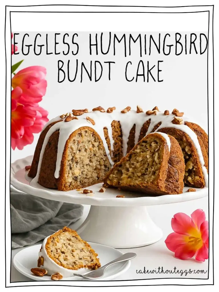 Eggless Hummingbird Bundt Cake topped with pineapple glaze and chopped pecans, served on a cake stand with fresh tulips and a slice on a plate nearby.