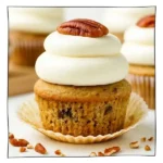 Eggless Hummingbird Cupcake topped with cream cheese frosting and pecan
