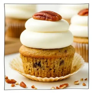 Eggless Hummingbird Cupcake topped with cream cheese frosting and pecan