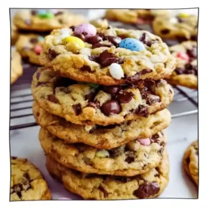 Eggless Cadbury Mini Egg Cookies stacked high with melty chocolate chips and colorful candy shells